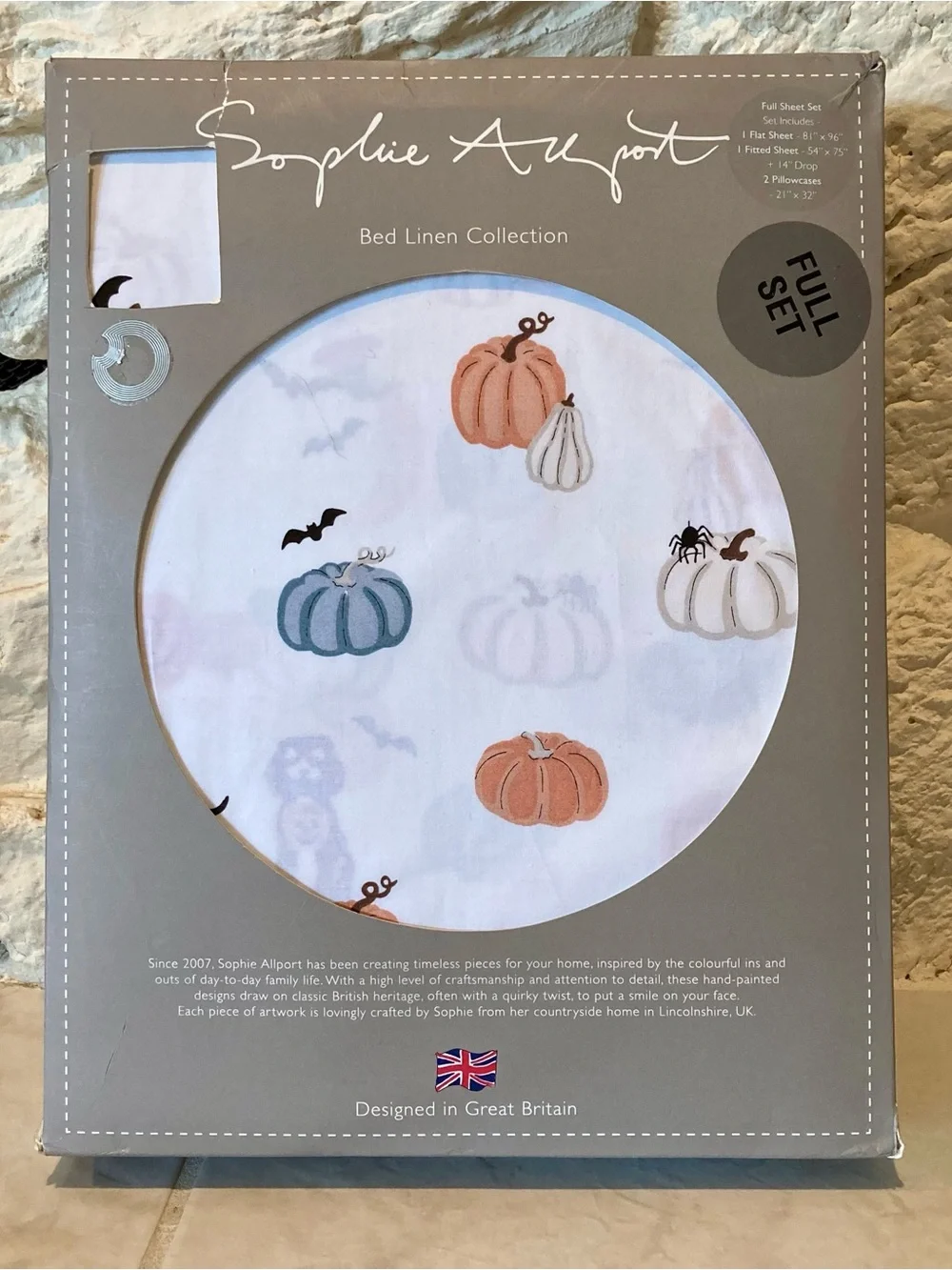 NEW Sophie Allport “Paws and Pumpkin” Print White Cotton Sheet Set- size full